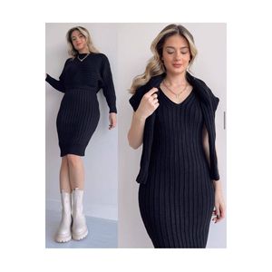 Abito da donna a manica a pipistrello in maglia doppia da donna abito elegante - Product Image 3