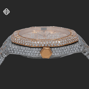 20mm Stunning Fancy Dual Tone White Rose Stainless Steel Band Business Fashion Quartz <b>Watch</b> for <b>Men</b> Full Iced Mossianite Diamond - Product Image 3