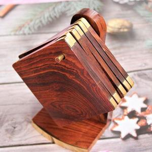 High Quality Home and Kitchen Sheesham Wood and Metal <b>Corner</b> Coaster Set With <b>Stand</b> (Set of 6) - Product Image 4