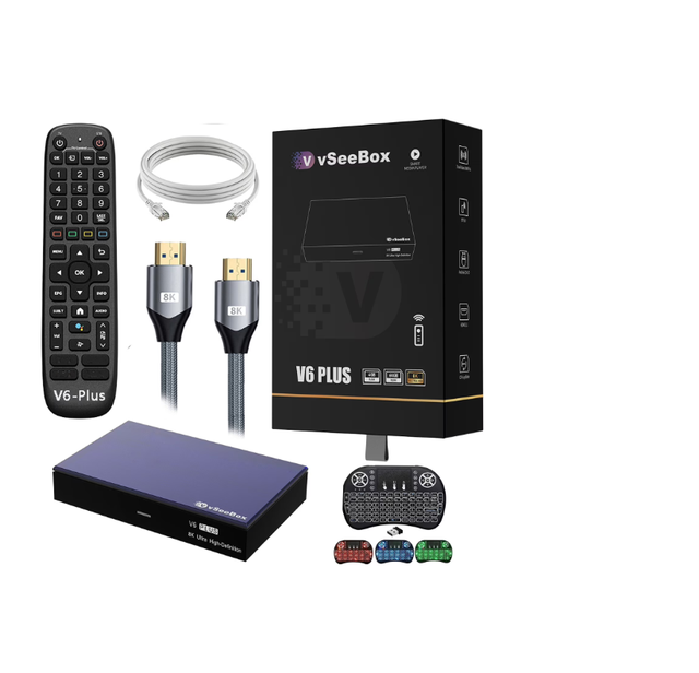 New Authentic & Genuine vSeebox2026 V6 Plus Android 14 TV box with Voice Remote Control Backlit Mini Keyboard 8K HDMI Cable