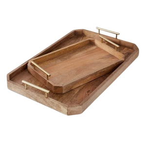 Rectangular Shape Acacia Wood <b>Tray</b> Wholesale Factory Price Coffee Fruit Food <b>Serving</b> <b>Trays</b> With Metal Handles Customized Design - Product Image 3