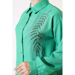 Ensemble 2 pièces en lin avec perles sur le devant vert - Product Image 4