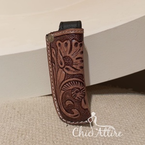 ปลอกหนังหุ้มมีดพับได้สีน้ำตาลแบบตะวันตกปลอกมีดหนังลายดอกไม้แบบเปิดด้านบนเข็มขัดเครื่องมือที่กำหนดเอง - Product Image 1