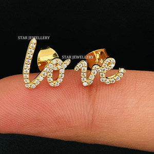 14K Solid Gold Natural Diamond LOVE Letter <b>Earring</b> Fine Jewelry. - Product Image 3