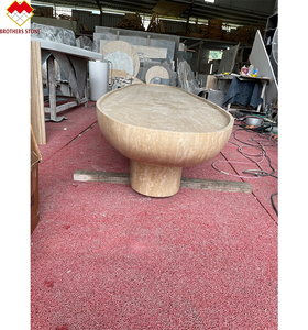 Ensemble de table à manger en forme de bateau en travertin de style moderne table centrale en béton avec pierre de travertin sculptée pour le café et le dîner - Product Image 4