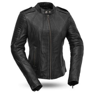 Chaqueta de motociclista de cuero personalizada para mujer, detalle de cremalleras largas, color negro, 2024 - Product Image 1