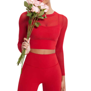 Haut de sport en maille à séchage rapide pour femme, col rond sexy, manches longues, haut de yoga avec coussinets fixes pour vêtements de course - Product Image 2