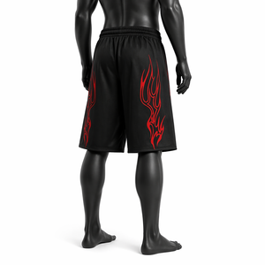 Pantalones Cortos Deportivos Casuales para Hombre, Personalizados, Negros, Estilo Urbano, OEM ODM, con Estampado de Llamas Rojas, Cintura Elástica, Corte Holgado - Product Image 6