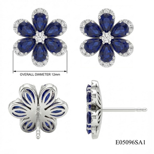 Boucles d'oreilles de fiançailles et de mariage romantiques en or blanc 18 carats avec saphir bleu certifié IGI, pierre de naissance de septembre, clous d'oreilles fleuris de luxe - Product Image 4
