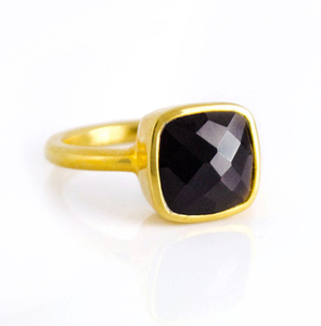 Pierres précieuses Onyx noires taille 10mm forme de coussin facetté Vermeil or 925 argent Sterling lunette ensemble bague en argent 925 véritable bagues en argent - Product Image 1