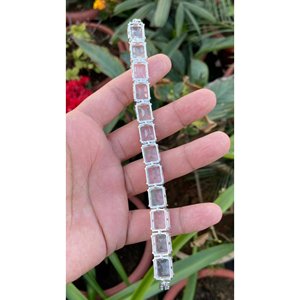 925 Silver Emerald Cut Rose Quartz Crystal <b>Bracelet</b> Elegant and Luxurious <b>Bangles</b> for Women - Product Image 4