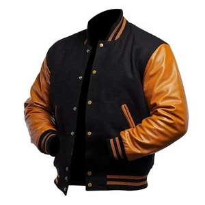 Veste universitaire sportive col montant manches en cuir de laine noire Streetwear Bomber Jacket CollegeBaseballjacket pour hommes - Product Image 2