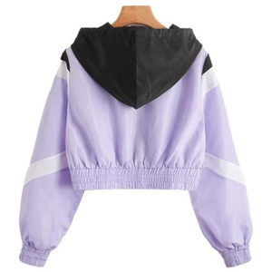 Top qualité femmes coupe-vent veste grande taille Crop couleur bloc fermeture éclair poche cordon capuche respirant imperméable - Product Image 3