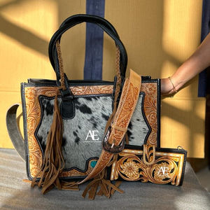 กระเป๋าโท้ทหนังวัวขนสัตว์พิมพ์ลายดอกไม้, ใหม่กระเป๋าถือสไตล์ตะวันตกและกระเป๋าถือคลัทช์เครื่องมือชุดคอมโบที่ไม่ซ้ำใคร - Product Image 1