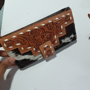Porte-monnaie en cuir véritable Western Tooled, best-seller, avec décoration florale, porte-cartes long à trois volets de luxe, doublure en coton, prix - Product Image 5