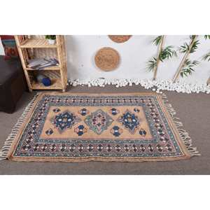 Tapis en laine Patchwork bleu Beige traditionnel 3.7x5.6 pieds fait à la main Vintage turc Rectangle rayé salon tapis Latex - Product Image 1