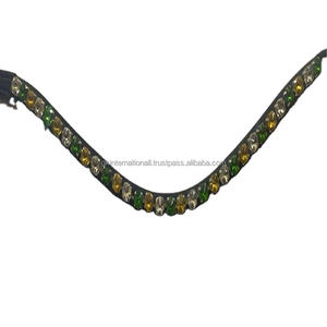 Bande de sourcils de cheval en cuir véritable 100% fait à la main, vague profonde personnalisée 1 rangée ronde cristaux clairs et cristaux verts, bande de sourcils bling - Product Image 1