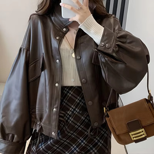 Chaqueta de cuero de invierno para hombre 2024 Logo nuevo cuello Henry regular suelto estilo Vintage cierre de cremallera impermeable posición frontal - Product Image 4