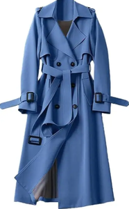 Long manteau en cuir véritable bleu élégant vintage pour femmes, vêtements d'extérieur trench respirants et surdimensionnés, ceintures d'hiver à bas prix - Product Image 2