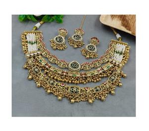 Ensemble collier, boucles d'oreilles et tikka en or plaqué de qualité supérieure, orné de pierres Kundan, Polki et Moissanite, style Rajwadi, cadeau traditionnel pour femmes - Product Image 2