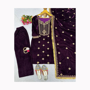 Indian and Pakistani Style <b>Women</b> Embroidered <b>Kurta</b> and Pant Set with Dupatta Product for Sale - Product Image 4