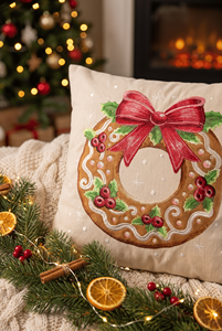 Cream Velvet <b>Throw</b> Pillow Cover with Zipper Closure Removable & Washable Embroidered Gingerbread Wreath and <b>Red</b> Bow Design - Product Image 2