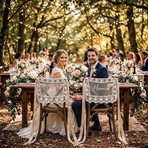 Élégantes bannières de chaise en dentelle transparente pour mariés, brodées « Just Married », pour décoration de table des mariés - Product Image 5
