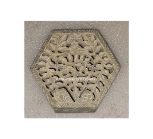 Indian Wholesale and Natural Stone <b>Hexagonal</b> Shape Hand Carved Leaf Design <b>Gifting</b> <b>Box</b> With Wedding and Festival Decoration - Product Image 1