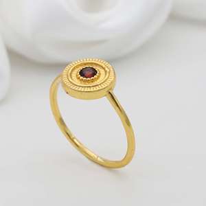 Boho Garnet <b>Dainty</b> Brass <b>Ring</b> 18k Gold Plated Round Shield Textured Wholesale <b>Ring</b> for Women - Product Image 4