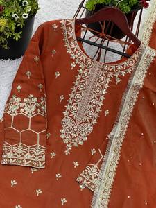Designer pakistanais entièrement brodé séquence travail prêt à l'emploi Salwar Kameez Chinon soie cousu vêtements de mariage costumes pour les fêtes - Product Image 6