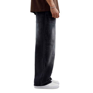 Jean en denim délavé coupe large pour homme, en coton mi-lourd, coupe décontractée, style automne, couleur unie noir - Product Image 4