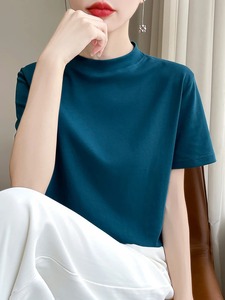 Printemps et automne nouveau T-shirt à manches courtes en coton à col mi-haut pour femmes Joker haut à manches amples bas mince - Product Image 2