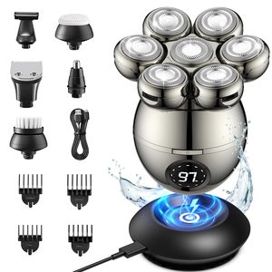 Kit de Afeitadora Eléctrica Rotativa para Hombre 6 en 1, Afeitadora de Cabeza con 7 Cuchillas, Pantalla LED, Uso en Seco y Húmedo, Resistente al Agua IPX7, Repuestos de Afeitado - Product Image 2