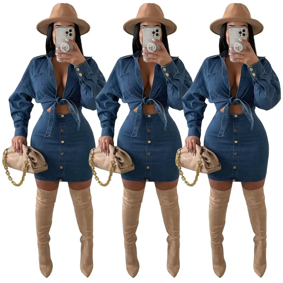 Groothandel Dameskleding Tweedelige Set Nieuwe Collectie Sexy Denim Rits Gewikkeld Borst En Top Rok Met Franjes Pak Vrouwen