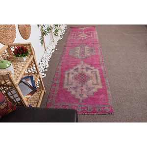 Turkish Vintage <b>Rug</b>, 2.9x10.4 ft Herki <b>Rug</b>, Pink <b>Runner</b> Check <b>Rug</b> - Product Image 1