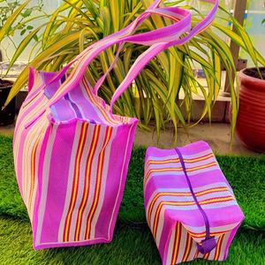 Sacs de marché en toile tissée en PP recyclé écologique en gros, à rayures, à usage promotionnel, personnalisés, réutilisables, avec fermeture éclair, fabriqués à la main - Product Image 1