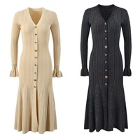 Robe longue ajustée au taille, style unique, tricot pour femmes