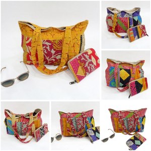Bolso de hombro de mujer Kantha de algodón Multicolor Vintage hecho a mano cierre de cremallera dos correas florales a juego carteras Kantha florales - Product Image 3