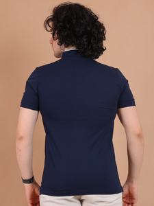 Camiseta de media manga elegante azul marino para hombre con cuello mandarín cómoda y versátil para ocasiones informales semiformales 100% algodón - Product Image 6
