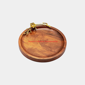 Bandeja de servir de madera de olivo creativa hecha a mano, mango de Metal plateado, bandeja de servicio de comida de exhibición de postre sólido para Catering, venta al por mayor - Product Image 6