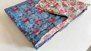 Hand Block Printed Cotton Quilt Floral Razai Reversible <b>Blanket</b> Bedding - Product Image 4