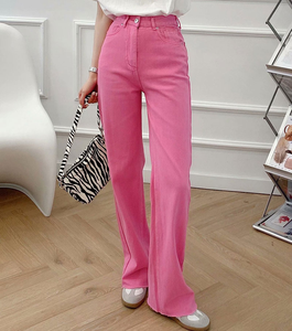 Venta al por mayor verano algodón Otoño Invierno nuevos pantalones vaqueros de color caramelo mujeres pantalones de un solo botón cintura alta pantalones de mezclilla de pierna ancha - Product Image 3