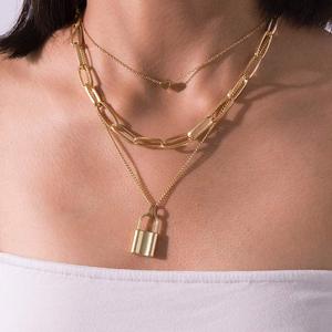 Alloy Gold Plated Lock <b>Pendant</b> Necklace Trendy Cross and Heart Shape with Diamond <b>Emerald</b> and Pearl Main Stones for Parties - Product Image 2