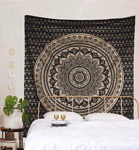 Mandala Hippie 100% Cotton Fabric for Curtains & Valances Ready Made Black <b>Window</b> & Door Decor From India Includes PVC Bag - Product Image 1