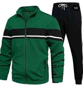 ชุดวอร์มสองชิ้นสำหรับผู้ชายเสื้อแจ็คเก็ตและกางเกงวิ่งแบบลำลองมีซิปดีไซน์ลายทาง OEM และ ODM - Product Image 1