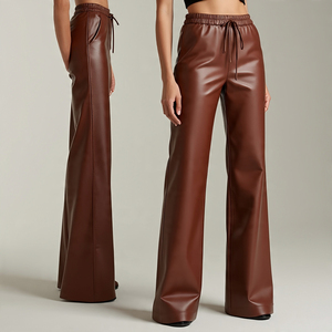 กางเกงหนังแกะยาวเอวยางยืดขากว้างสำหรับผู้หญิงกางเกงหนังแท้ทรงหลวม - Product Image 1