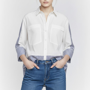 Camisa Casual de Mujer a Rayas con Cuello Camisero, Manga Tres Cuartos, Popelina Lavable, para Primavera y Verano - Product Image 1