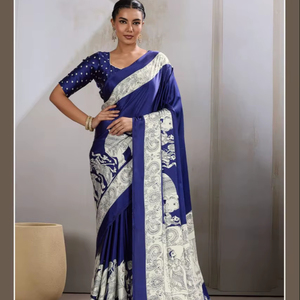 Diseñador indio hermosa ropa diseñador indio Ajrakh estampado satén crepé Sari diseño pakistaní boda y fiesta desgaste Sari - Product Image 1