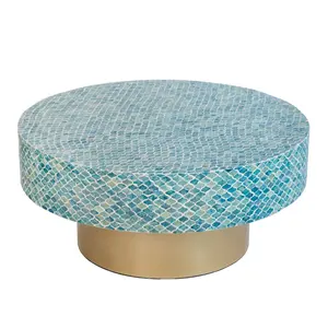 Luxury home furniture seashell inlay round coffee table mother of pearl mosaic tables in blue seashell and gold base