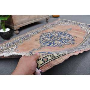 Authentique tapis turc bleu beige 3.9x6.8 pieds laine latex plat tissage technique patchwork pour couloir chambre décor - Product Image 3